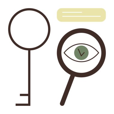 Göz ve kontrol işaretli anahtar ve büyüteç güvenlik, anlayış ve doğruluğu vurguluyor. Mahremiyet, kimlik doğrulama, arama, görme, başarı problem çözme buluşları için idealdir. Düz basit