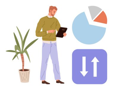 Pasta grafiği, yukarı-aşağı oklar ve bir bitkinin yanında tablet içgörüleri okuyan bir adam. İş analizi, büyüme, başarı, strateji, veri yönetimi, üretkenlik için ideal düz metafor