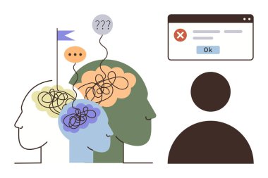 Karışık düşünceler, kafa karışıklığını ve problem çözmeyi sembolize eden bir alarm penceresine bağlanır. Takım çalışması, akıl sağlığı, öğrenme, hata işleme, beyin fırtınası, kendini geliştirme için ideal