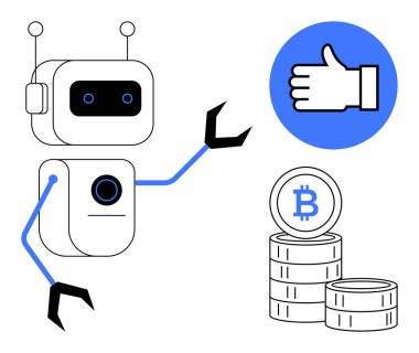 Bitcoin yığınının yanında mekanik kolları ve mavi başparmağı olan robot. Şifreli para birimi ve onaylı yapay zekayı simgeliyor. Teknoloji, kripto para birimi, yenilik, otomasyon, fintech, engelleme zinciri için ideal
