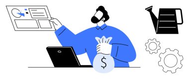 Para çantası tutan adam, dizüstü bilgisayarın yanındaki mali verileri analiz eden, konserve sulama kutusu ve vites. Finans, yatırım, strateji, planlama, iş büyümesi için ideal basit bir iniş sayfası