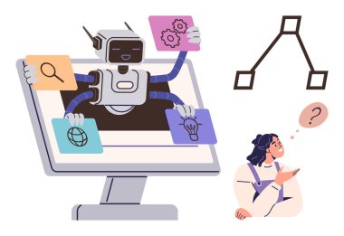 Robot ekran tutma görev simgelerinden çıkıp arama, fikir ve ayarları onaylıyor. Kadın, bağlantıları gösteren bir akış şeması ile temsil edilen kararlar düşünüyor. Yenilik için ideal, Al, iş akışı