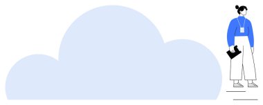 Dizüstü bilgisayar çantası tutan kadın, bulut teknolojisini, veri depolamayı ve dijital çözümleri sembolize eden büyük bir bulutun yanında duruyor. Yenilik, takım çalışması, teknoloji, işbirliği, uzak çalışma için ideal