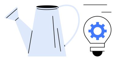 Minimalist mavi sulama, büyümeyi ve yenilikçi fikirleri beslemenin uyumunu ifade ederek ampulün içinde vites yükseltebilir. İş için ideal, yaratıcılık, sürdürülebilirlik, takım çalışması, büyüme, kalkınma