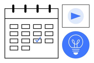 İşaretli tarihli takvim, fikirleri sembolize eden ampul ve eylem için düğme simgesini çal. Zamanlama, yaratıcılık, planlama, üretkenlik, beyin fırtınası, zaman yönetimi basit iniş sayfası için ideal