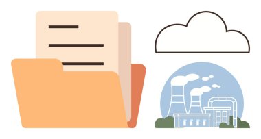 Belgeli klasör, duman yayan fabrika ve bulut taslağı. Teknoloji, çevre, veri depolama, kirlilik, endüstriyel dijitalleştirme tedarik zinciri için ideal. Basit düz metafor