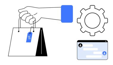 İndirim etiketli el çantası, vites simgesi ayarları veya araçları temsil eder, sohbet penceresi müşteri etkileşimlerini gösterir. Çevrimiçi alışveriş, promosyon, müşteri desteği, otomasyon için ideal