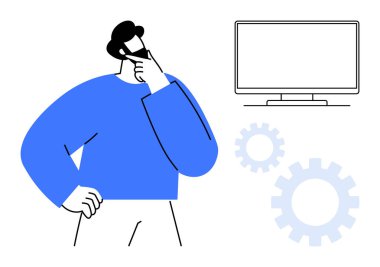 Düşünceli bir duruş sergileyen biri, elleri çenesinde, bilgisayar monitörü ve vites simgelerinin yanında. Problem çözme, yenilik, iş stratejisi, yaratıcılık, planlama, üretkenlik için ideal