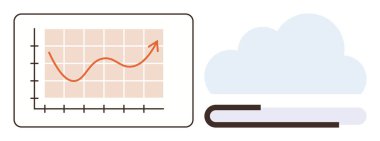 Bulut depolama ve analizi temsil eden basit bir bulutun yanında yükselen trend çizgisi olan grafikler. Teknoloji, iş dünyası, veri analizi, yenilik, ilerleme, eğitim için ideal, basit düz metafor