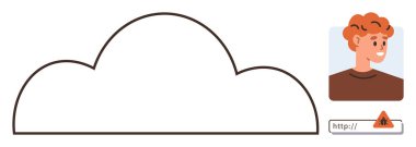 Adres panelinde veri ihlali, güvenlik sorunu veya kimlik hırsızlığını temsil eden kullanıcı simgesi ve uyarı sembolü olan bir bulut. Siber güvenlik, veri gizliliği, teknoloji, bulut hesaplama, risk farkındalığı için ideal