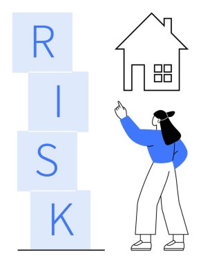 RISK 'i simgeleyen blokların yanındaki ev hatlarına işaret eden kadın emlak yatırımı, karar verme ya da risk değerlendirmesini sembolize ediyor. Gayrimenkul, finans, sigorta, planlama ve eğitim için ideal