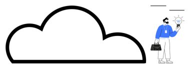 Büyük bulut şeklinde, elinde parlayan bir ampul tutan bir iş adamı bulut hesaplamalarında yenilikler yapıyor. Teknoloji, yaratıcılık, takım çalışması, yenilik, veri depolama, dijital strateji için ideal