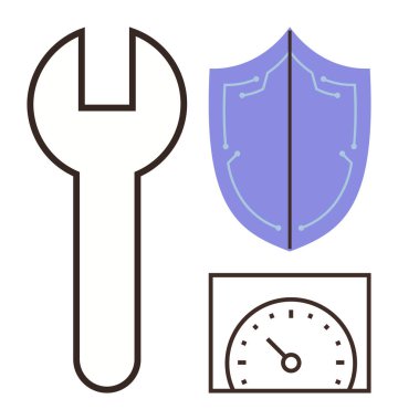 Dijital kalkanın ve hız göstergesinin yanı sıra bakım, siber güvenlik, performans. Teknoloji, koruma, optimizasyon, onarım, yenilik mekaniği dijital güvenlik için idealdir. Temiz