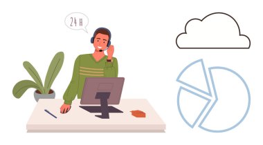 Masa başındaki ajan müşterilere yardım ediyor. Bulut ve turta çizelgesi yakınlarda. Müşteri hizmetleri, teknik destek, analitik, iletişim, veri yönetimi, takım çalışması için ideal. Basit düz metafor