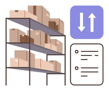 İçinde çeşitli karton kutular bulunan metal raflar, envanter kontrol listesi, lojistiği işaret eden çift yönlü oklar. Depo organizasyonu, tedarik zinciri, lojistik, envanter, teslimat için ideal