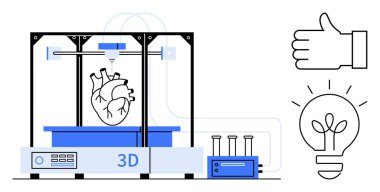3D yazıcı, yenilikleri temsil eden bir eko-ampulle çevrelenmiş bir insan kalbi üretiyor. Sağlık, teknoloji, sürdürülebilirlik, eğitim, tasarım, tıbbi araştırma için ideal