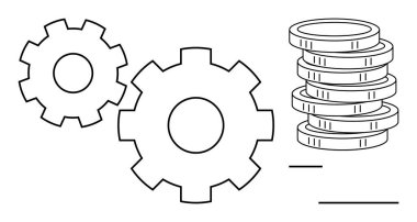 Madeni para yığınının yanında birbirine kenetlenmiş iki vites şekli iş verimliliğini, zenginliği ve finansal süreçleri sembolize eder. Ekonomi, üretkenlik, strateji, yenilik ve finans için ideal