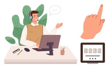 Müşteri hizmetleri temsilcisi masasında kulaklık takıyor ve bir telefon görüşmesi yapıyor. Görünür el dijital tezgahı işaret ediyor. Müşteri desteği, iletişim, teknoloji ve etkileşim için ideal