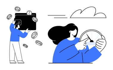 Cüzdanında uçan bozuk paralar olan bir kişi, bulutun altında bir metre ayarlayan bir başkası. Finans, bütçe, tasarruf, izleme, strateji, verimlilik planlaması için ideal. Basit düz metafor