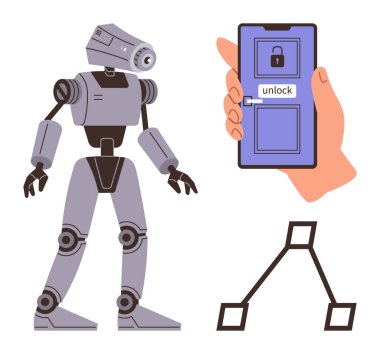 Elinde kamera, elinde akıllı telefon olan insansı robot ekranın kilidini ve ağ diyagramını açıyor. Robot bilimi, yapay zeka, güvenlik, yenilik, teknoloji entegrasyonu, otomasyon için ideal, basit