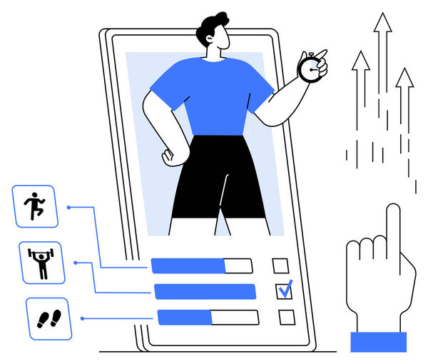 Man standing on mobile screen, fitness metrics icons, bar graphs, upward growth arrows, hand tapping screen. Ideal for fitness tracking, progress, app development, health growth interaction
