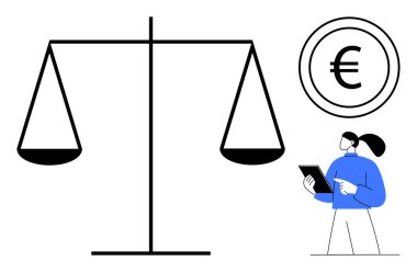 Avro işaretinin yanında denge terazisi ve veri analizi için tablet tutan bir iş kadını. Finans, hukuk, ekonomi, karar verme, iş stratejisi, maliyet analizi ve basit bir iniş sayfası için ideal