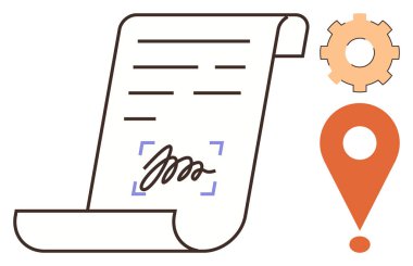 İmza, teçhizat ve konum pimi ile yuvarlanmış belge sözleşme, ayarlar ve konum bazlı işlevsellik vurgulanıyor. İş için ideal, yasal, iş akışı, anlaşmalar teknoloji coğrafi konumu