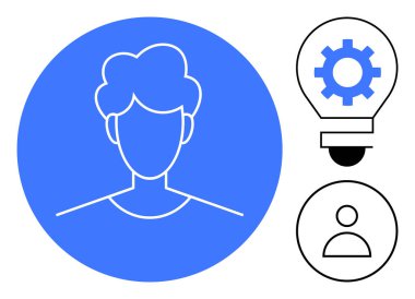Mavi bir dairede dış hatlar, dişli bir ampul ve profil simgesi. Yaratıcılık, yenilik, takım çalışması, beyin fırtınası, kimlik liderliği ve eğitim için ideal. Basit düz metafor