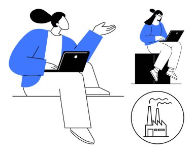 İki kadın dizüstü bilgisayar kullanıyor, biri bir blokta oturuyor, teknoloji ve endüstriyel kavramlarla bağlantılı. Üretim için ideal, uzaktan çalışma, takım çalışması, iletişim, yenilik, sanayi sade düz