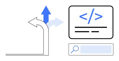 Yön bulma, kod kırıntısı ve arama çubuğu ile yön bulma, kodlama, yenilik, arama işlevselliği, büyüme, karar verme ve rehberlik fikirlerini gösteren eğri bir ok. İdeal