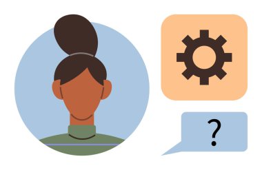 Profil görünümünde kahverengi topuz şeklinde saçı olan bir kadın, bir dişli simgesinin yanında ve konuşma balonunda soru işareti. Problem çözme, iletişim, karar verme, teknoloji ve takım çalışması için ideal
