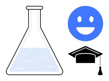 Sıvı, gülümseyen duygu ve mezuniyet şapkası bilimsel gelişimi, eğitimi ve başarıyı simgeliyor. Eğitim için ideal, BTMM, analiz, başarı büyüme yaratıcılığı basit iniş