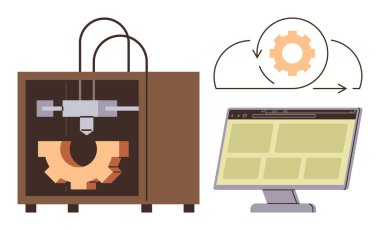 Bir bilgisayar ekranı bir buluta bağlı tasarım yazılımını gösterirken 3D yazıcı vites şeklini hazırlıyor. Yenilik, üretim, teknoloji, yaratıcılık, prototip, tasarım, dijital için ideal