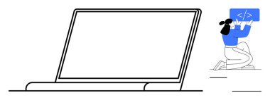 Elinde kod paneli olan bir kadın büyük bir dizüstü bilgisayarın yanında diz çöküyor. Teknoloji, kodlama, yazılım geliştirme, yenilik, bilişim çözümleri, web geliştirme, basit iniş sayfası için ideal