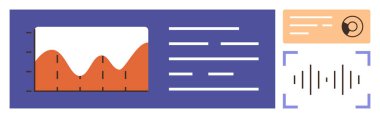Değişken verileri, metin detaylarını, kullanıcı avatarını ve ses dalgası simgesini içeren bir grafik. Teknoloji, analitik, ses tasarımı, yaratıcılık dijital araçlar eğitim arayüzü tasarımı için idealdir. Basit düz