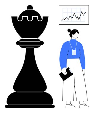 Büyük boy satranç kalesi ve büyüme çizelgesinin yanında duran bir kadın. Liderlik, strateji, analiz, hırs, karar verme, kendi kendini yetiştirme, kurumsal planlama için idealdir. Basit düz metafor