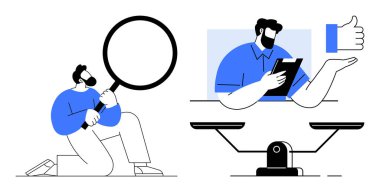 Analiz için büyüteç kullanan bir adam. Yanında da parmak işareti ve ölçeği olan bir pano tutan bir adam. Değerlendirme, onay, yargı, analiz, adalet, şeffaflık için ideal