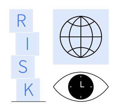 Küresel kapsamı temsil eden küre sembolü, risk oluşturan bloklar ve görüş ve zamanlamayı ölçen saat. Strateji, yönetim, analiz, risk, zaman küresel bakış işi için idealdir. Basit düz