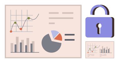 Güvenli veri işlemeyi vurgulayan asma kilidin yanındaki grafikler, çizelgeler ve analitik veriler. Siber güvenlik, veri analizi, bilgi gizliliği, iş büyümesi, dijital güvenlik farkındalığı için ideal