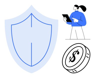 Korunmayı temsil eden kalkan, parayı sembolize eden dolar para, analiz için tablet kullanan profesyonel para. Mali güvenlik, risk yönetimi, veri koruması, yatırım güvenliği, sigorta için ideal