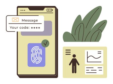Parmak izi tarayıcılı akıllı telefon, doğrulama kodu ve grafikli kişisel kimlik kartı. Kimlik doğrulama, dijital kimlik, güvenlik, doğrulama, gizlilik, fintech basit daire için ideal