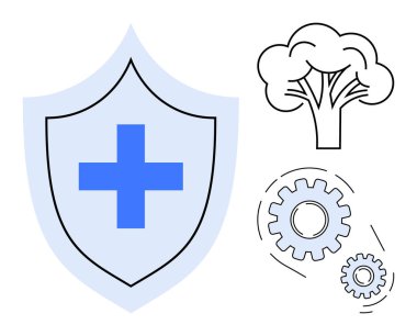 Mavi tıbbi haçlı kalkan, sürdürülebilirlik için bir ağaç ana hatına ve işlem optimizasyonu için dişli tekerleklere sahip olan sağlık korumasını simgeler. Sağlık, doğa, güvenlik, teknoloji için ideal