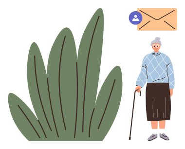 Elinde baston olan yaşlı bir kadın yeşil bitki ve bildirim ikonuyla zarfın yanında duruyor. Yaşlanma, iletişim, e-posta, doğa, sosyal bağlantı, ulaşılabilirlik, bakım için idealdir. Basit düz
