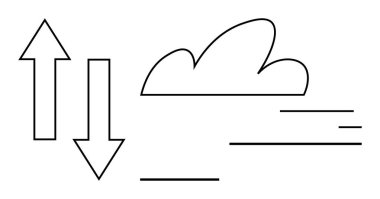 İnce hareket çizgileri olan bir bulutun yanındaki yukarı ve aşağı oklar veri değişimi ve hızını gösteriyor. Teknoloji, ağ oluşturma, bulut depolama, dosya paylaşımı, internet, iletişim, basit iniş için ideal