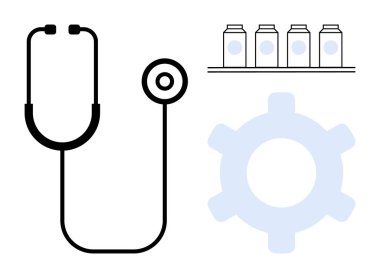 Steteskop, organize ilaç şişeleri ve sağlık hizmetlerini, yenilikleri ve teknolojiyi sembolize eden bir vites. Sağlık, tıp, araştırma, yenilik, takım çalışması, organizasyon için ideal