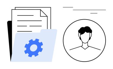 Bir kullanıcı profili simgesinin yanında, dişli sembolü ve kağıtları olan dosya dizini. Takım yönetimi, kullanıcı ayarları, veri depolama, iş akışı organizasyonu, belge işleme, CRM, basit düz metafor