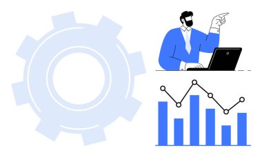 Vites mekanizması, dizüstü bilgisayarlı iş adamı grafiği çizgili trend çizgileri. Ticari büyüme, ilerleme süreci, iş akışı, işlemler, veri içgörüsü, liderlik için ideal