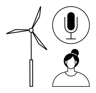 Rüzgar türbini, dairesel mikrofon ikonu, kadın avatar silueti. Enerji, teknoloji, podcast, iletişim, sürdürülebilirlik, temiz enerji sade iniş sayfası için ideal