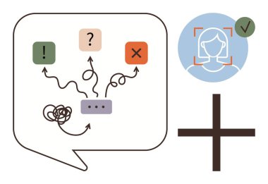 Karar vermek için simgelerle sohbet baloncuğu, X, yeşil kontrol ile mavi dairede yüz taraması, ve cesur bir haç. Problem çözme, karar verme, yapay zeka, kimlik netliği karmaşası için ideal modern