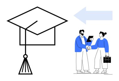 Mezuniyet şapkası, iki profesyonel arasındaki tokalaşma, iş belgeleri ve çanta kariyere hazır olmayı vurguluyor. Eğitim, başarı, ağ, işbirliği, fırsat başarısı için idealdir.